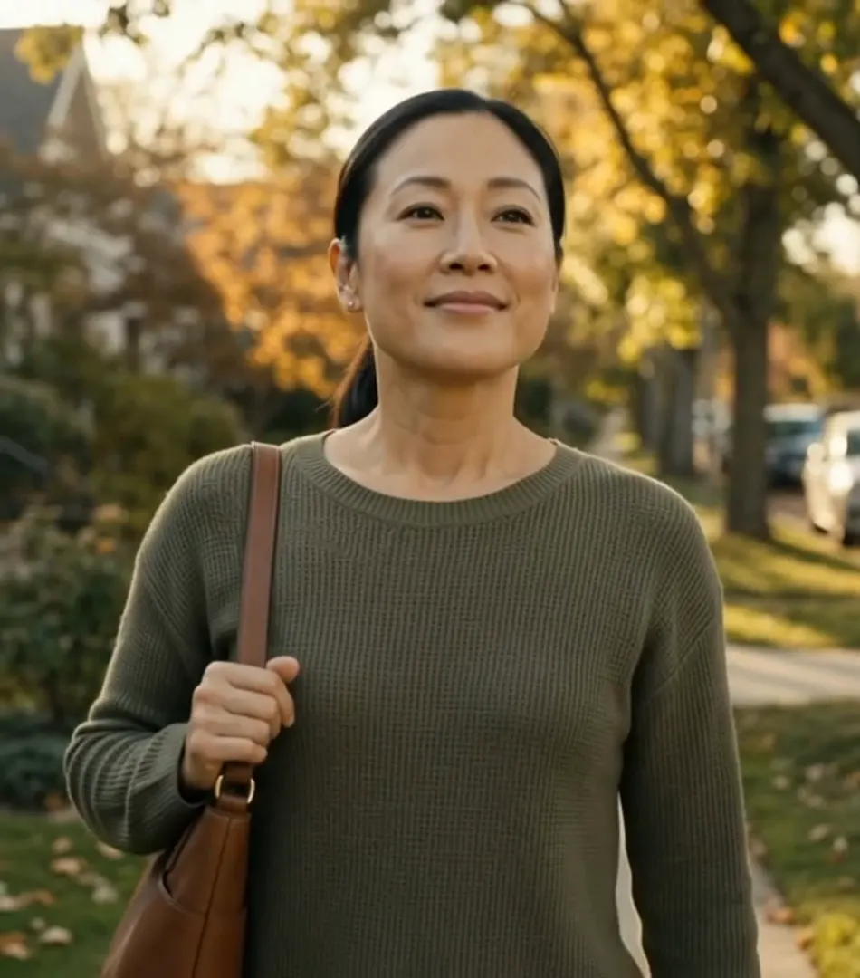 The daughter walks outdoors in autumn sunlight, at ease