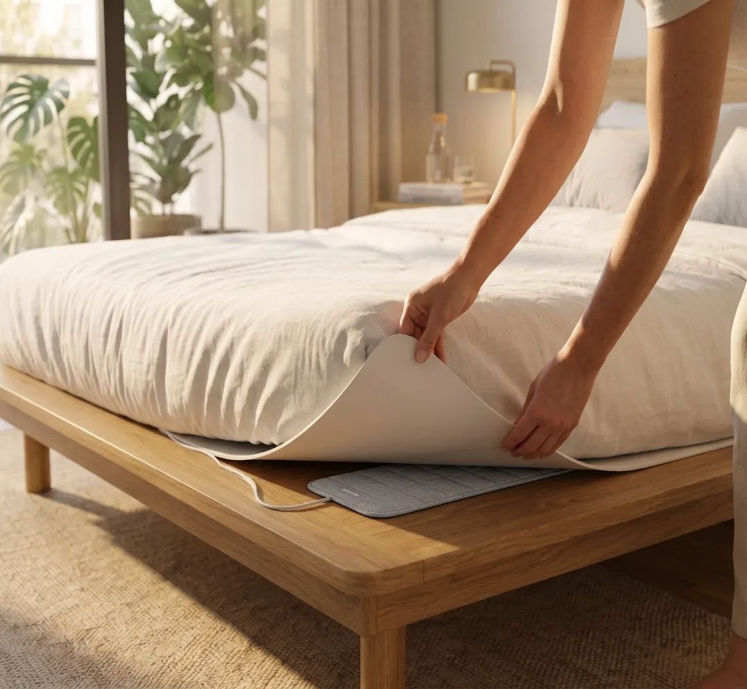 Hands lift the mattress to show the thin InvisiCare sensor pad underneath